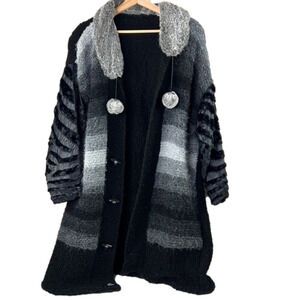 Gorgeous Long Sweater Duster Coatigan – Faux Fur Collar with Pompom Ties